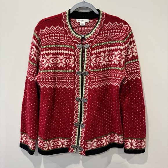 Susan Bristol Sweaters - Susan Bristol Womens Wool Cardigan Sweater Nordic Fair Isle Metal Clasps Hooks M